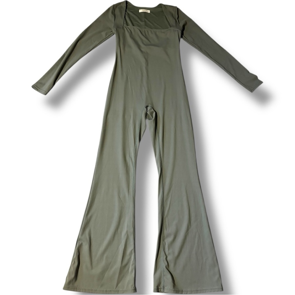 Qinsen Chic Olive Green Square Neck Flared Leg Long Sleeve Bodycon Jumpsuit - Picture 6 of 16